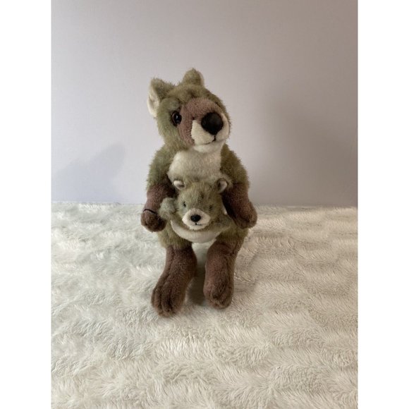 K&M Australian Kangaroo With Baby Dark Brown White Tall Soft Stuffed 15" Plush - Picture 2 of 9